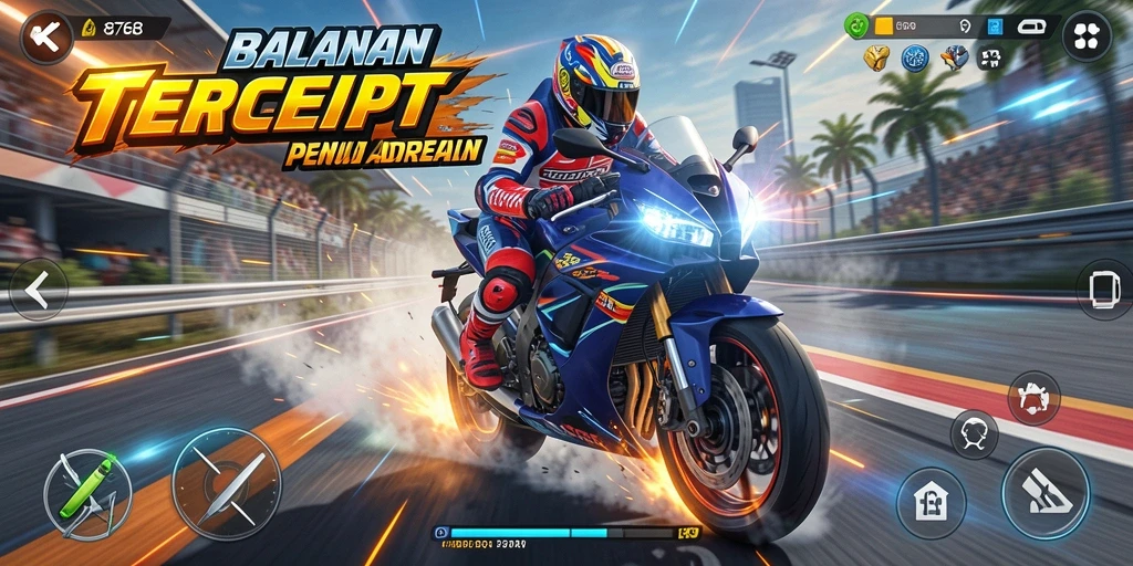 Screenshot gameplay 8768 menampilkan aksi balapan motor yang seru.