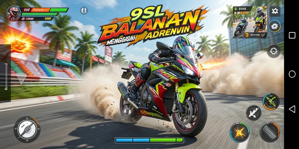 Screenshot gameplay 9SL dengan motor balap yang melaju kencang.