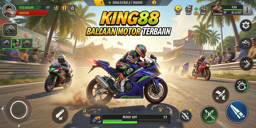 Tangkapan layar KING88 menampilkan aksi balapan motor yang mendebarkan dan penuh kecepatan.